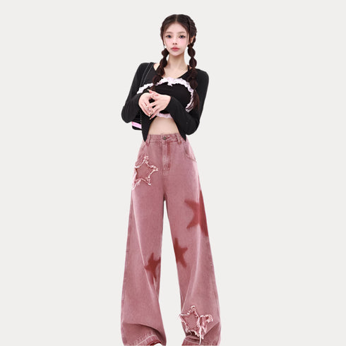 Women's Red Star Printed High-waisted Wide Leg Jeans